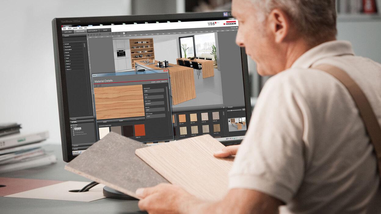 Abwägen von Holzmaterialien durch Tischler Abwägen von Holzmaterialien und Farben durch Tischler während einer 3D Küchenplanung