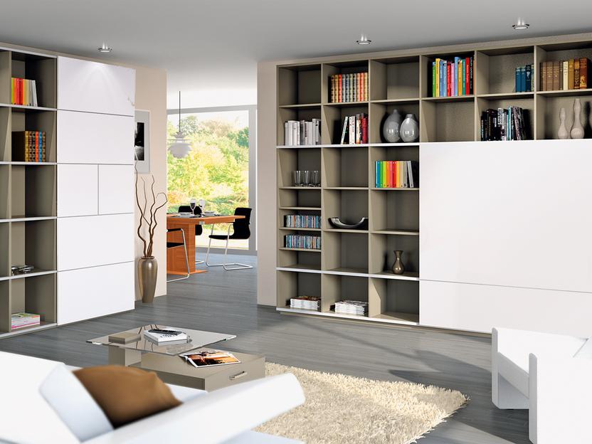 Wohnraumimpression mit Einbauregalen Wohnraumimpression mit Einbauregalen und weißen Schranktüren in Kombination mit weißem Sofa
